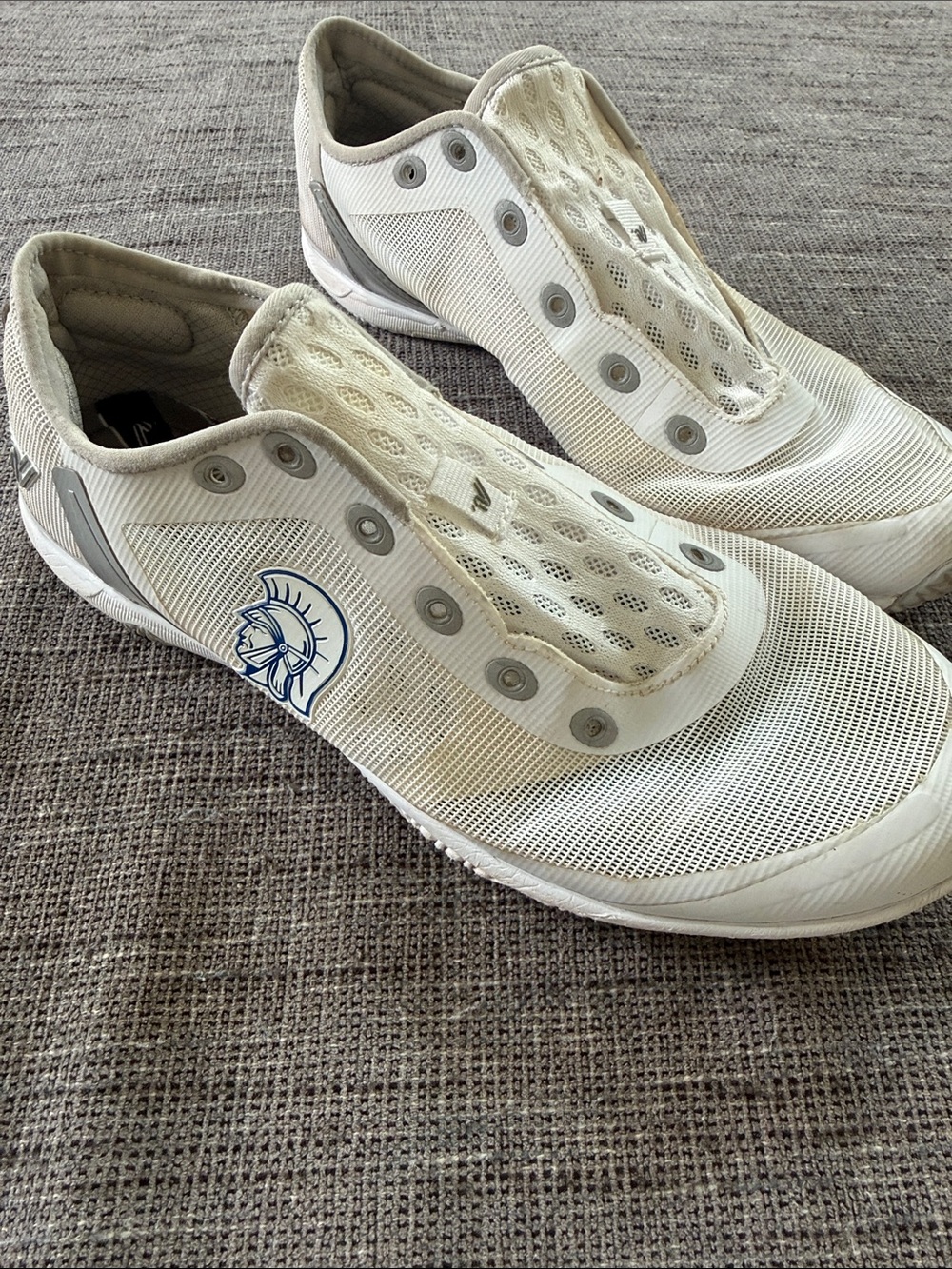 Varsity White Athletic Cheer Sneakers with Blue Spartan Emblem
